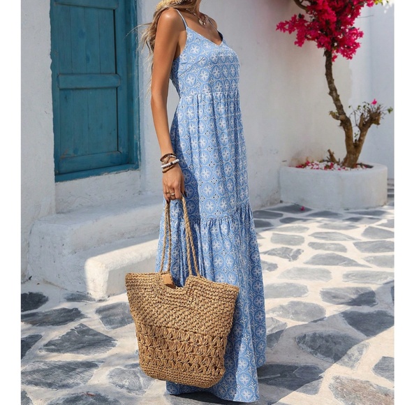 Boho Blue Ruffle Hem Cami Straps Maxi Dress - Picture 4 of 6